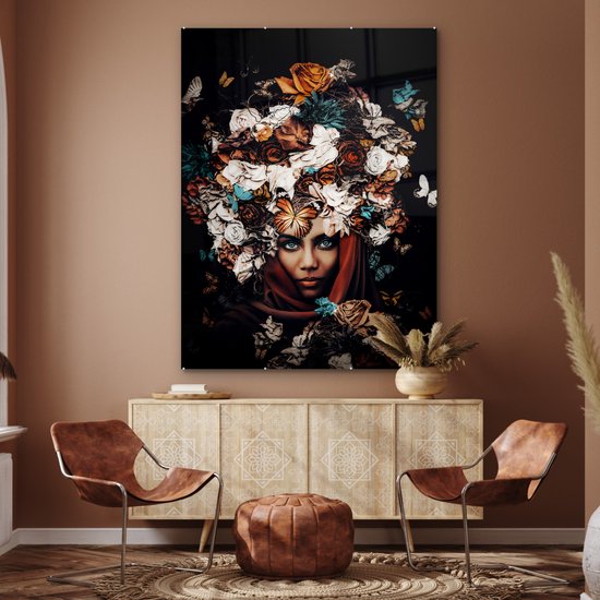 Peinture sur Verre - Fleurs - Papillon - Femmes - Foulard - 120x160 cm - Peintures sur Verre Peintures - Photo sur Glas