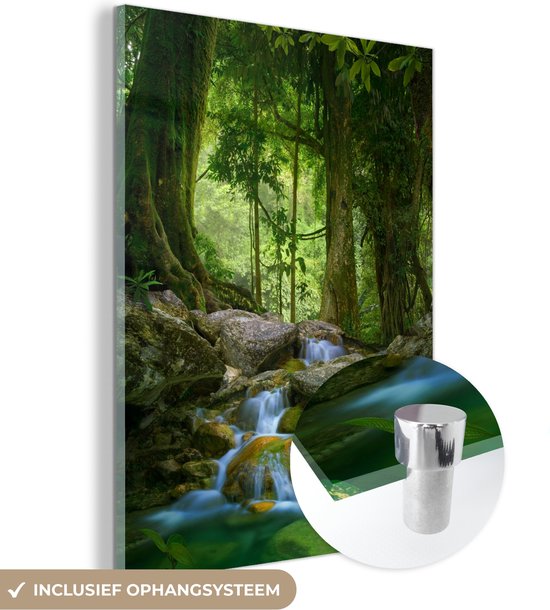 Peinture sur verre - Photo sur verre - Pierres - Rivière - Jungle - Arbre - Vert - Peinture sur verre - Peintures de salon - Décoration murale - 90x120 cm - Décoration murale - Verre acrylique