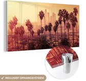 MuchoWow - Glasschilderij - Foto op glas - Palmboom - Los Angeles - Skyline - Acrylglas - 160x80 cm - Glasschilderij stad - Schilderij glas - Wanddecoratie - Schilderijen woonkamer