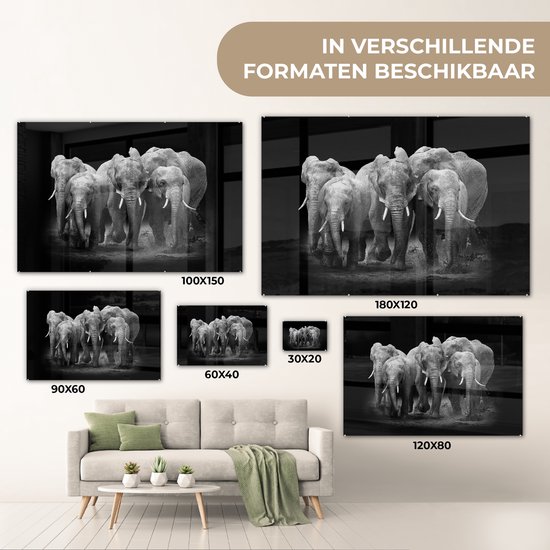 MuchoWow® Glasschilderij 180x120 cm - Schilderij acrylglas - Olifant - Zwart - Wit - Dieren - Foto op glas - Schilderijen