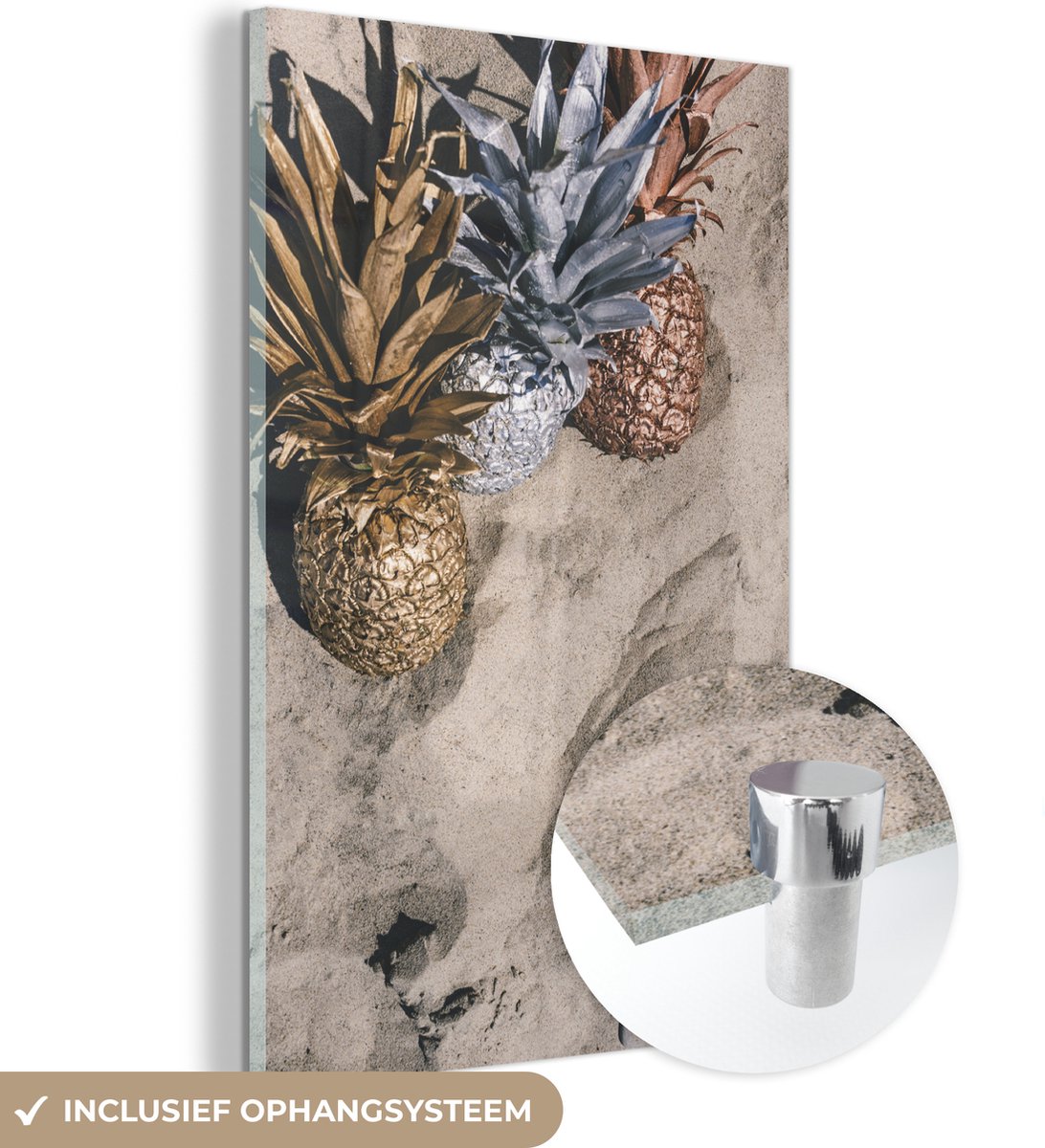 ® Glasschilderij 80x120 cm - Schilderij acrylglas - Goud - Ananas - Zand - Foto op glas - Muurdecoratie woonkamer - Wanddecoratie slaapkamer - Schilderijen