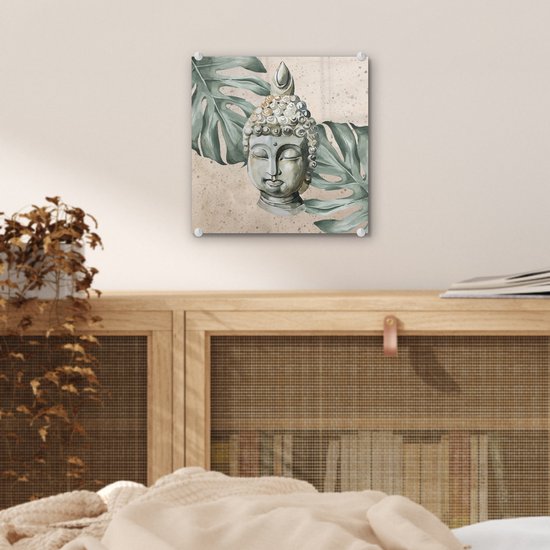 MuchoWow® Peinture sur verre 20x20 cm - Peinture sur verre acrylique - Bouddha - Tête - Feuilles - Photo sur verre - Peintures