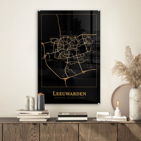 MuchoWow® Peinture sur verre 40x60 cm - Peinture sur verre acrylique - Carte - Leeuwarden - Simple - Or - Zwart - Photo sur verre - Peintures