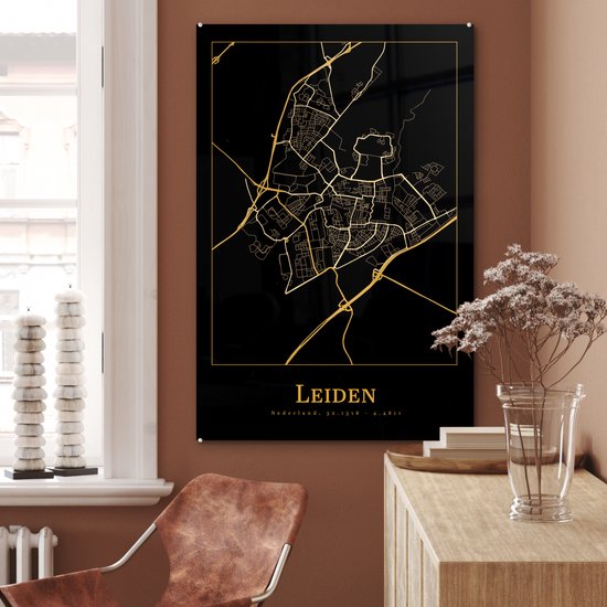 MuchoWow® Peinture sur verre 60x90 cm - Peinture acrylique sur verre - Carte - Leiden - Or - Zwart - Photo sur verre - Peintures