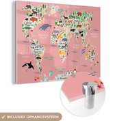 MuchoWow® Glasschilderij 80x60 cm - Schilderij acrylglas - Wereldkaart - Kinderen - Roze - Dieren - Foto op glas - Schilderijen