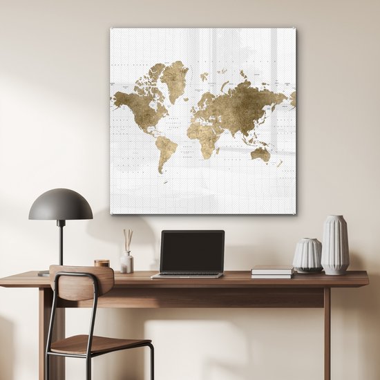 ® Glasschilderij 90x90 cm - Schilderij acrylglas - Wereldkaart - Glitters - Goud - Foto op glas - Muurdecoratie woonkamer - Wanddecoratie slaapkamer - Schilderijen