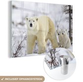 MuchoWow® Glasschilderij 90x60 cm - Schilderij acrylglas - IJsbeer - Welp - Sneeuw - Foto op glas - Schilderijen