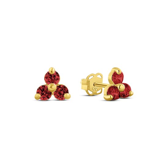 Silventi 9NBSAM-G230037 Clips d'oreilles en or avec trois pierres de zircone - Rouge - 5,5x5,5 mm - 14 carats - Or