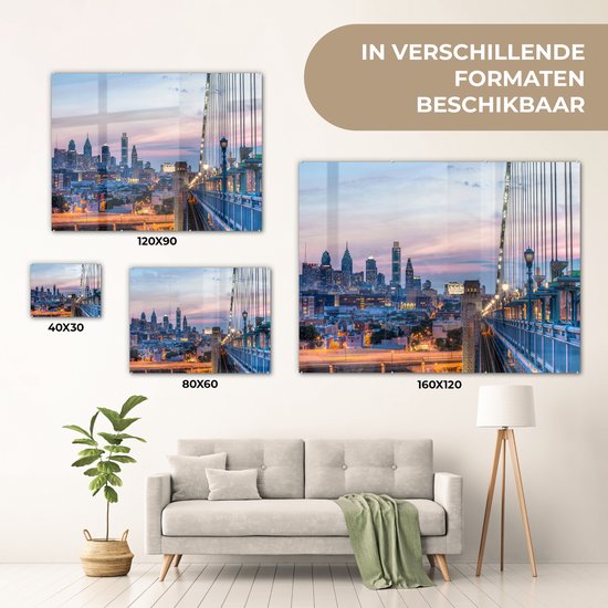 Le coucher de soleil de Philadelphie aux Etats-Unis vu du pont Benjamin Franklin Plexiglas 80x60 cm - Tirage photo sur Glas (décoration murale en plexiglas)