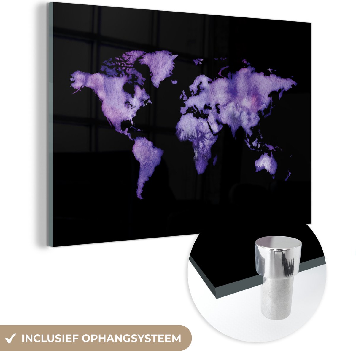® Glasschilderij 180x120 cm - Schilderij acrylglas - Wereldkaart - Waterverf - Lila - Foto op glas - Muurdecoratie woonkamer - Wanddecoratie slaapkamer - Schilderijen