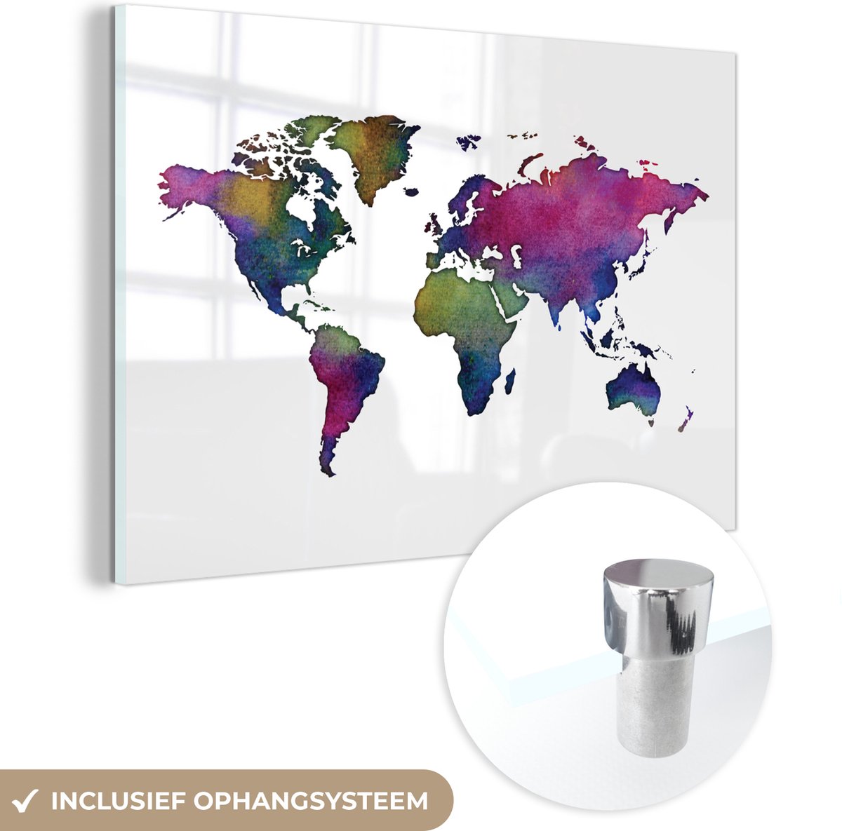 ® Glasschilderij 90x60 cm - Schilderij acrylglas - Wereldkaart - Waterverf - Kleur - Foto op glas - Muurdecoratie woonkamer - Wanddecoratie slaapkamer - Schilderijen