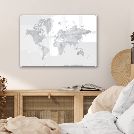 Peinture sur Verre - Carte du Wereldkaart - Grijs - Marbre - 60x40 cm - Peintures sur Verre Peintures - Photo sur Glas