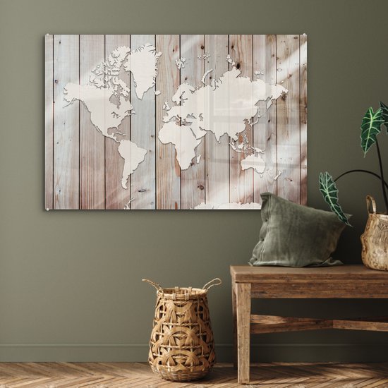 Peinture sur verre - Carte du Wereldkaart - Bois - Simple - 120x80 cm - Peintures en plexiglas