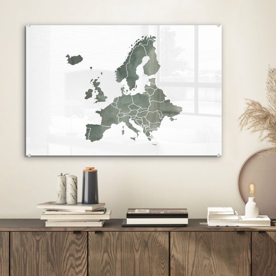 ® Glasschilderij 60x40 cm - Schilderij acrylglas - Kaart Europa - Waterverf - Grijs - Foto op glas - Muurdecoratie woonkamer - Wanddecoratie slaapkamer - Schilderijen