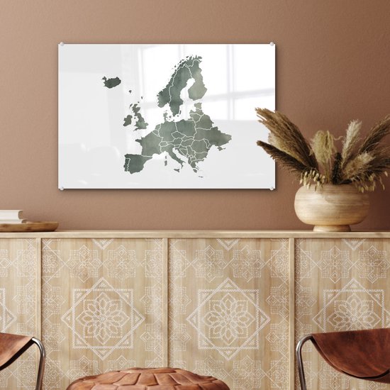 ® Glasschilderij 60x40 cm - Schilderij acrylglas - Kaart Europa - Waterverf - Grijs - Foto op glas - Muurdecoratie woonkamer - Wanddecoratie slaapkamer - Schilderijen