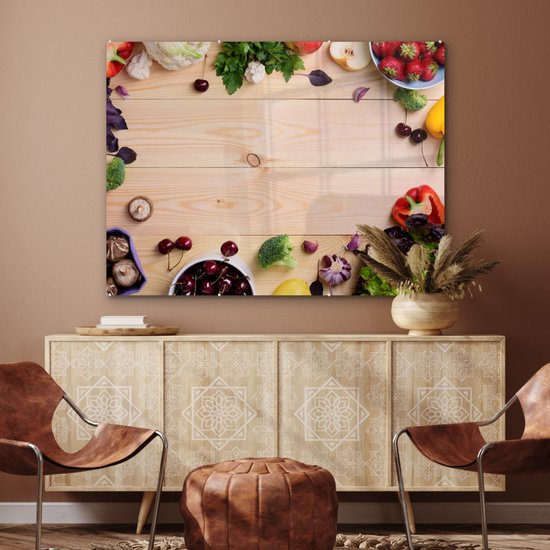 MuchoWow® Peinture sur verre 120x90 cm - Peinture sur verre acrylique - Fruits - Fraises - Paprika - Cuisine - Photo sur verre - Peintures