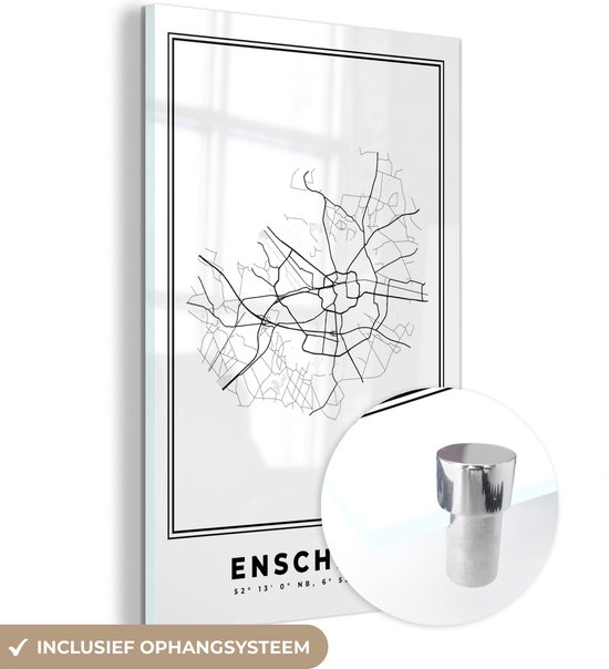 MuchoWow® Glasschilderij 20x30 cm - Schilderij acrylglas - Stadskaart – Zwart Wit - Kaart – Enschede – Nederland – Plattegrond - Foto op glas - Schilderijen