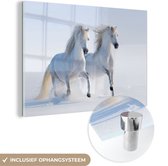 MuchoWow® Glasschilderij 90x60 cm - Schilderij acrylglas - Winter - Paarden - Sneeuw - Foto op glas - Schilderijen