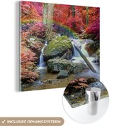 MuchoWow® Glasschilderij 90x90 cm - Schilderij acrylglas - Regenboog - Waterval - Bomen - Stenen - Mos - Foto op glas - Schilderijen