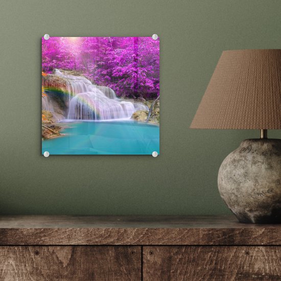 MuchoWow® Peinture sur verre 20x20 cm - Peinture sur verre acrylique - Cascade - Arbres - Arc-en-ciel - Violet - Photo sur verre - Peintures