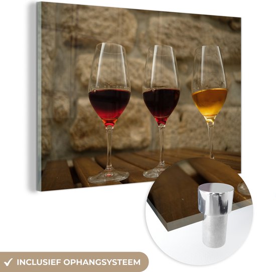 MuchoWow® Glasschilderij 60x40 cm - Schilderij acrylglas - Drie soorten Port-wijn in glazen - Foto op glas - Schilderijen