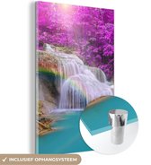 MuchoWow® Glasschilderij 60x90 cm - Schilderij acrylglas - Waterval - Bomen - Regenboog - Paars - Foto op glas - Schilderijen