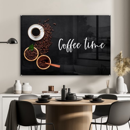 MuchoWow® Peinture sur verre 120x80 cm - Peinture sur verre acrylique - Citations - Dictons - L'heure du Coffee - Café - Photo sur verre - Peintures