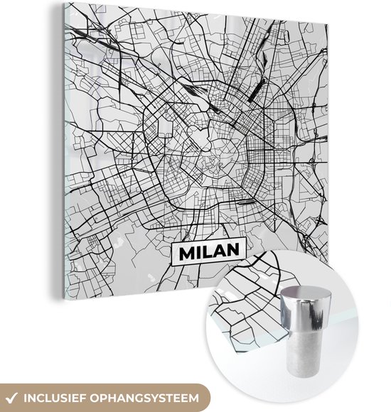 Peinture sur Verre - Milan - Plan de la Ville - Zwart Wit - Plan d'Etage - Carte - 20x20 cm - Peintures sur Verre Peintures - Photo sur Glas