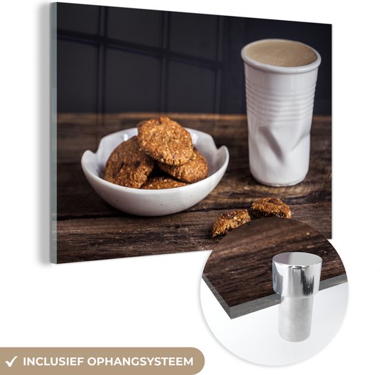 MuchoWow® Glasschilderij 90x60 cm - Schilderij acrylglas - Chocolate chip cookies en koffie - Foto op glas - Schilderijen