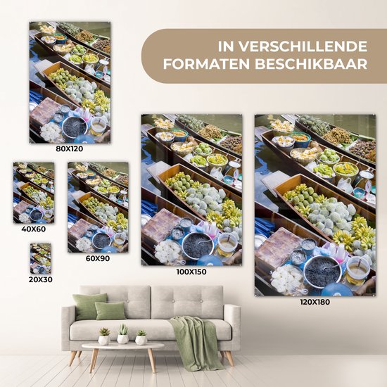 Peinture sur verre MuchoWow® 80x120 cm - Peinture acrylique sur verre - Bateaux flottants au marché en Thaïlande - Photo sur verre - Peintures