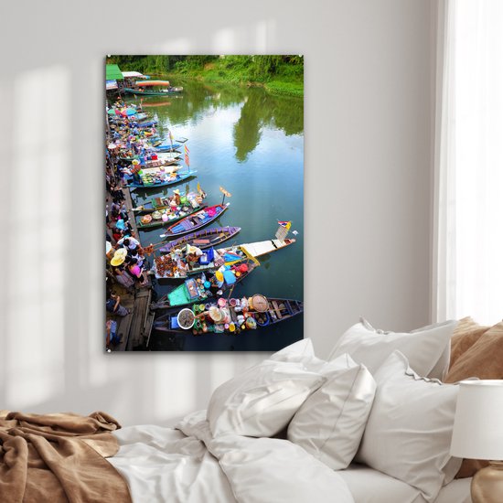 Peinture sur verre - Marché flottant en Thaïlande avec des bateaux colorés - 80x120 cm - Peintures sur Verre Peintures - Photo sur Glas