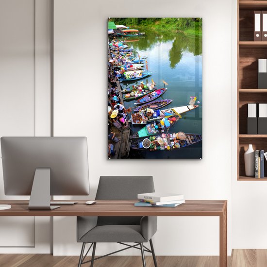 Peinture sur verre - Marché flottant en Thaïlande avec des bateaux colorés - 80x120 cm - Peintures sur Verre Peintures - Photo sur Glas
