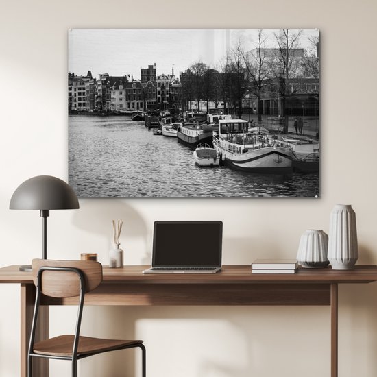 Peinture sur Verre - Canal à Amsterdam - Zwart - Wit - 120x80 cm - Peintures sur Verre Peintures - Photo sur Glas