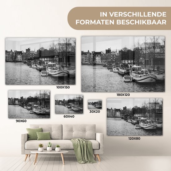 Peinture sur Verre - Canal à Amsterdam - Zwart - Wit - 120x80 cm - Peintures sur Verre Peintures - Photo sur Glas