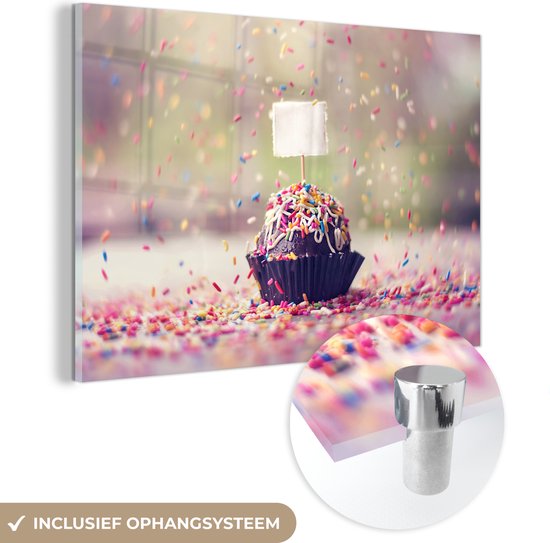 MuchoWow® Glasschilderij 120x80 cm - Schilderij acrylglas - Cupcake met vallende sprinkles - Foto op glas - Schilderijen