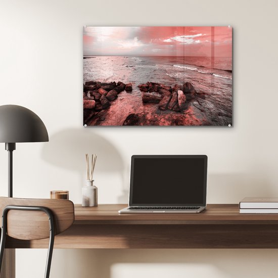 Peinture sur verre MuchoWow® - Rochers au bord de l'eau - 60x40 cm - Peintures sur verre acrylique - Photo sur Glas