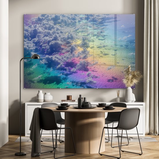 MuchoWow® Peinture sur verre 180x120 cm - Peinture acrylique sur verre - Nuages ​​avec arc-en-ciel - Photo sur verre - Peintures