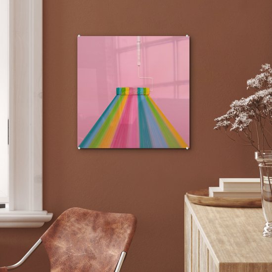 MuchoWow® Peinture sur verre 50x50 cm - Peinture sur verre - Rouleau à peinture qui fait des rayures arc-en-ciel - Photo sur verre acrylique - Peintures