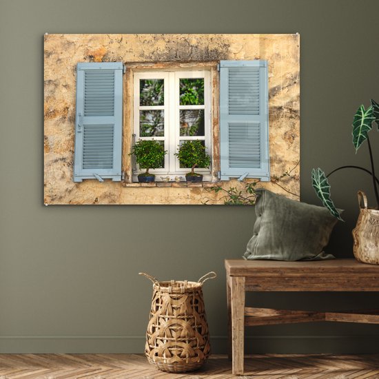 Peinture sur verre - Vieux Mur aux volets bleus - 120x80 cm - Peintures sur Verre Peintures - Photo sur Glas