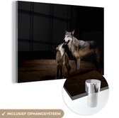 MuchoWow® Glasschilderij 90x60 cm - Schilderij acrylglas - Moeder wolf met pup - Foto op glas - Schilderijen