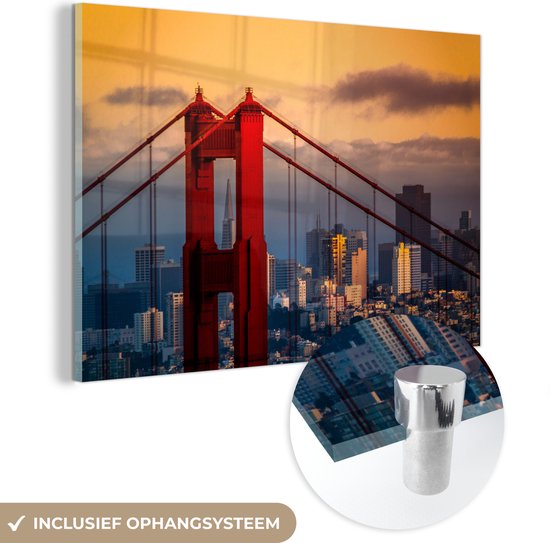 MuchoWow® Glasschilderij - San Francisco - Brug - Zon - 30x20 cm - Acrylglas Schilderijen - Foto op Glas