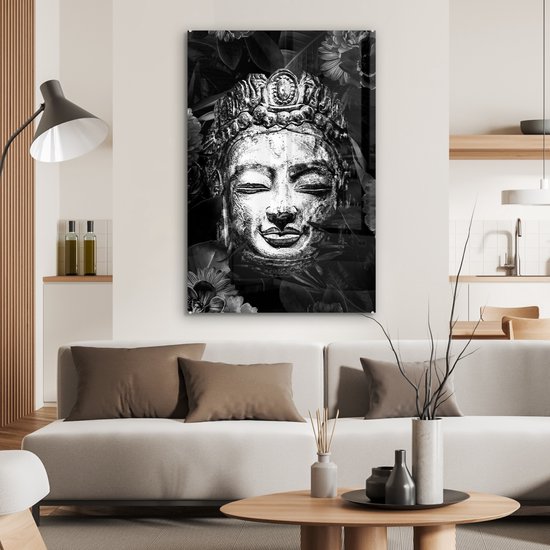 MuchoWow® Peinture sur verre 80x120 cm - Peinture sur verre acrylique - Tête brute de Bouddha avec fleurs et feuilles - noir et blanc - Photo sur verre - Peintures