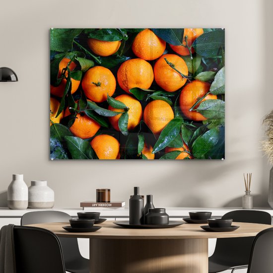 MuchoWow® Peinture sur Verre - Fruits - Orange - Feuilles - 80x60 cm - Peintures sur Verre Acrylique - Photo sur Glas