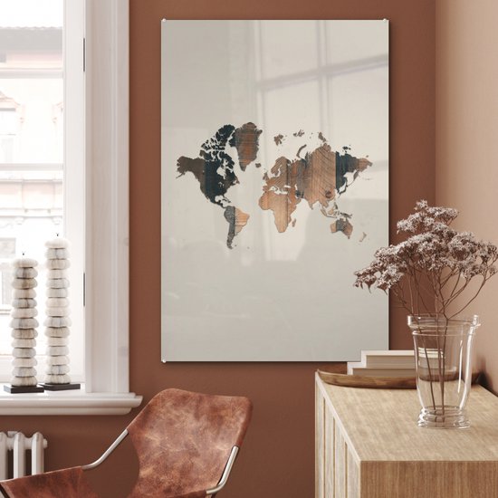 Peinture sur Verre - Carte du Wereldkaart - Planche de Bois - Marron - 80x120 cm - Peintures sur Verre Peintures - Photo sur Glas