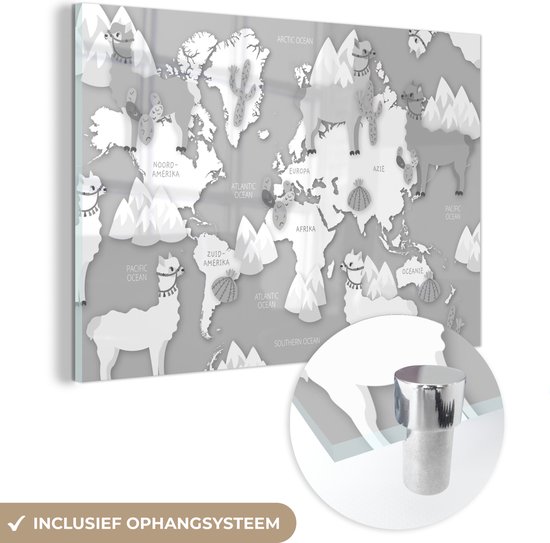 MuchoWow® Glasschilderij 150x100 cm - Schilderij acrylglas - Alpaca's en bergen op een lichte wereldkaart - zwart wit - Foto op glas - Schilderijen