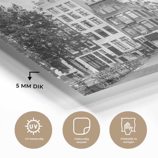 MuchoWow® Peinture sur verre 120x80 cm - Peinture sur verre acrylique - Maisons de canal Amsterdam - noir et blanc - Photo sur verre - Peintures