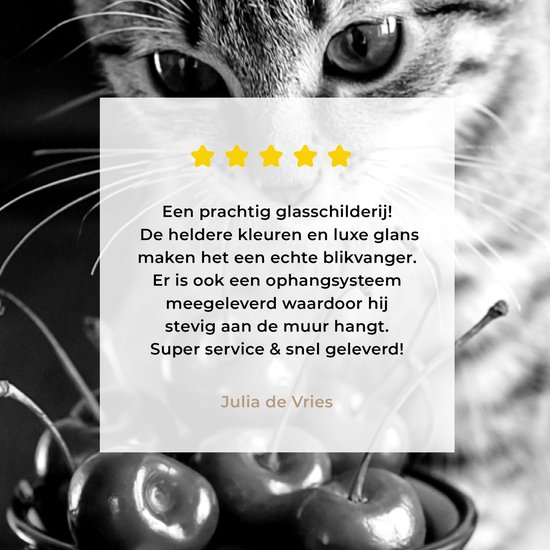 Peinture sur verre - Chat assis près d'une tasse remplie de cerises - noir et blanc - 40x60 cm - Peintures sur Verre Peintures - Photo sur Glas