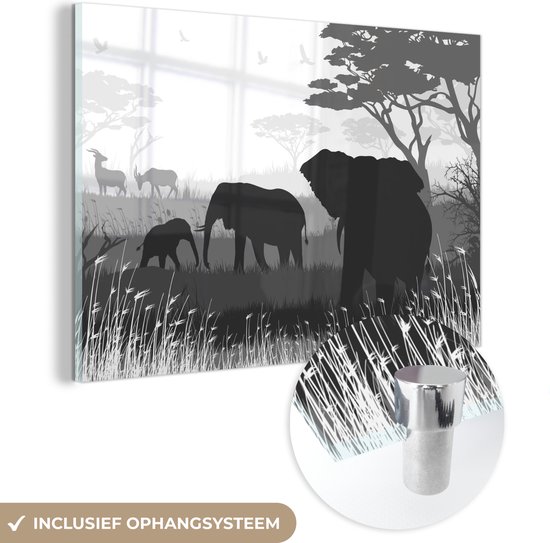 MuchoWow® Glasschilderij 90x60 cm - Schilderij acrylglas - Illustratie van Afrikaanse olifanten met antilopen - zwart wit - Foto op glas - Schilderijen