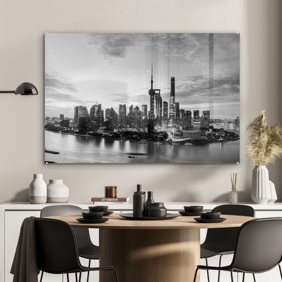 MuchoWow® Peinture sur verre - Shanghai Skyline - noir et blanc - 90x60 cm - Peintures sur verre acrylique - Photo sur Glas