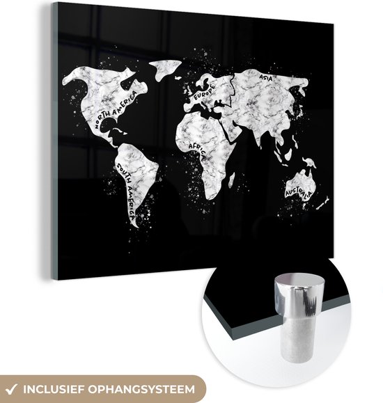 MuchoWow® Glasschilderij 160x120 cm - Schilderij acrylglas - Wereldkaart - Marmer - Zwart - Wit - Foto op glas - Schilderijen